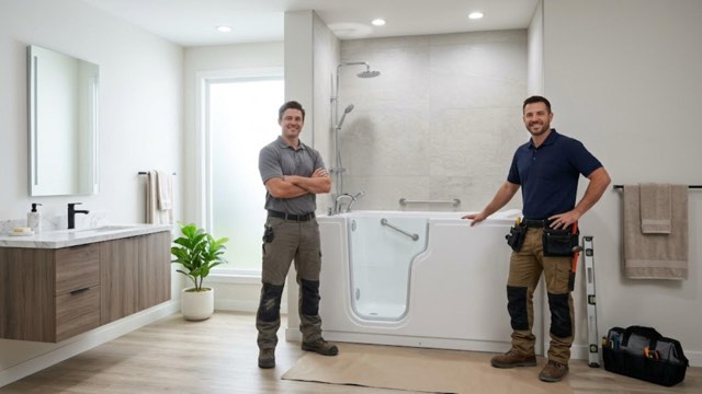 Walk-In Bathroom Tubs Manchester NH installer with a customer in their bathroom