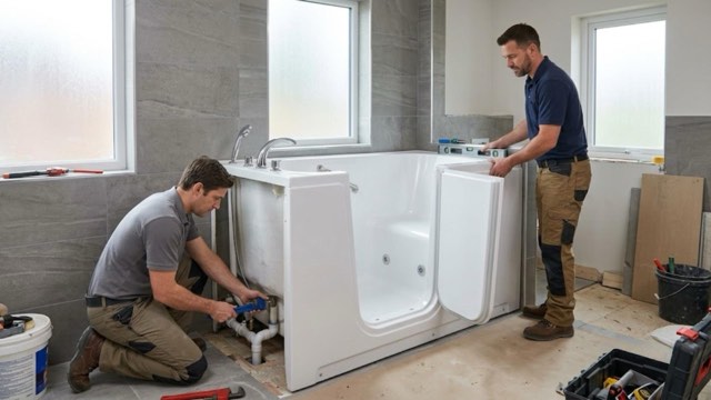 Walk-In Tub Installation in progress in a Manchester, NH bathroom